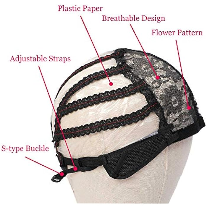 FU SHEN Large Black Swiss Lace Wig Cap with Adjustable Strap for Weave Wig Women Hairnets easy cap Stretch Adjustable Open Wig Cap with PVC Paper for DIY Wig (1Pcs-L) - Image 4
